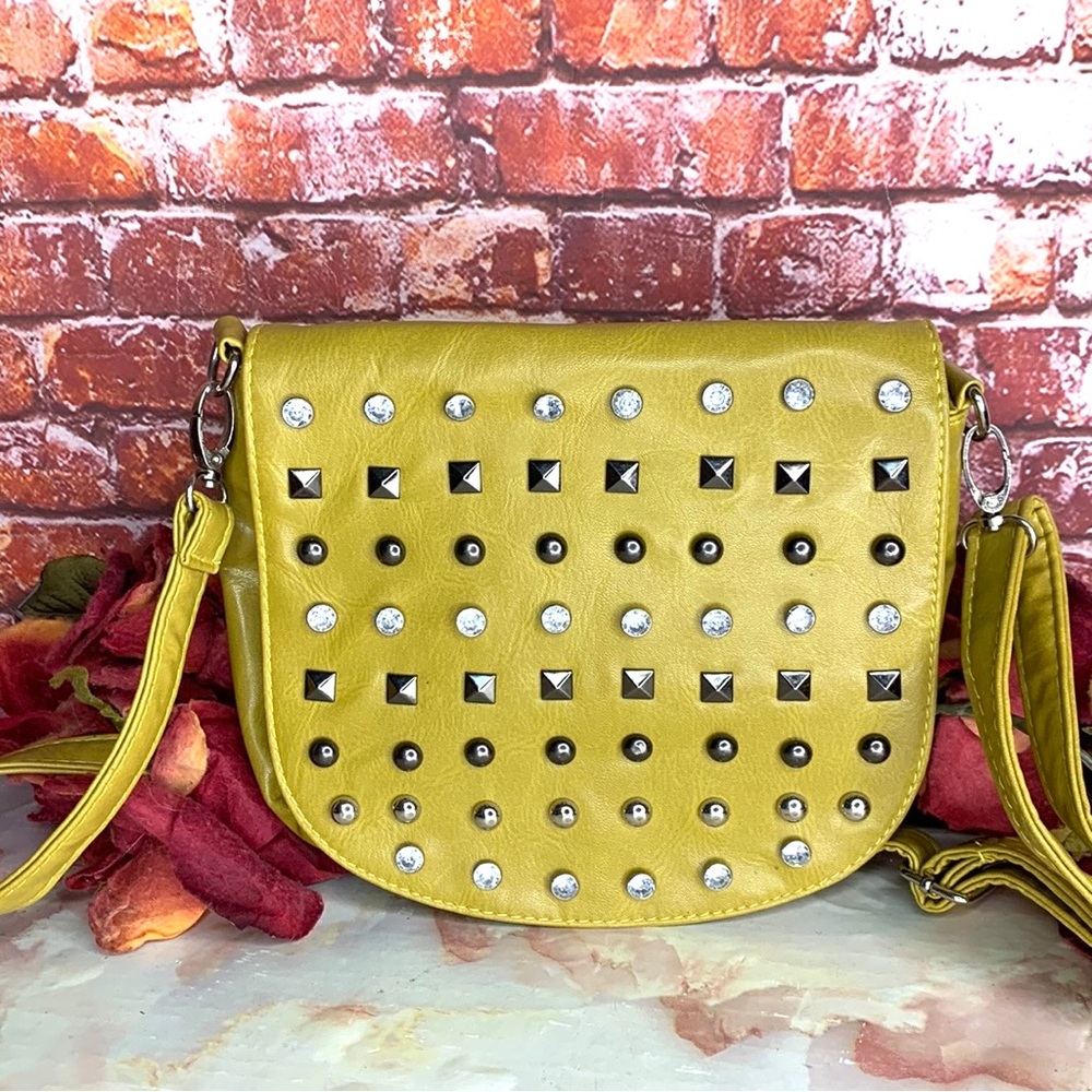 Lemon Citron Studded Rhinestone Soft Leather Crossbody Bag - Picture 3 of 14